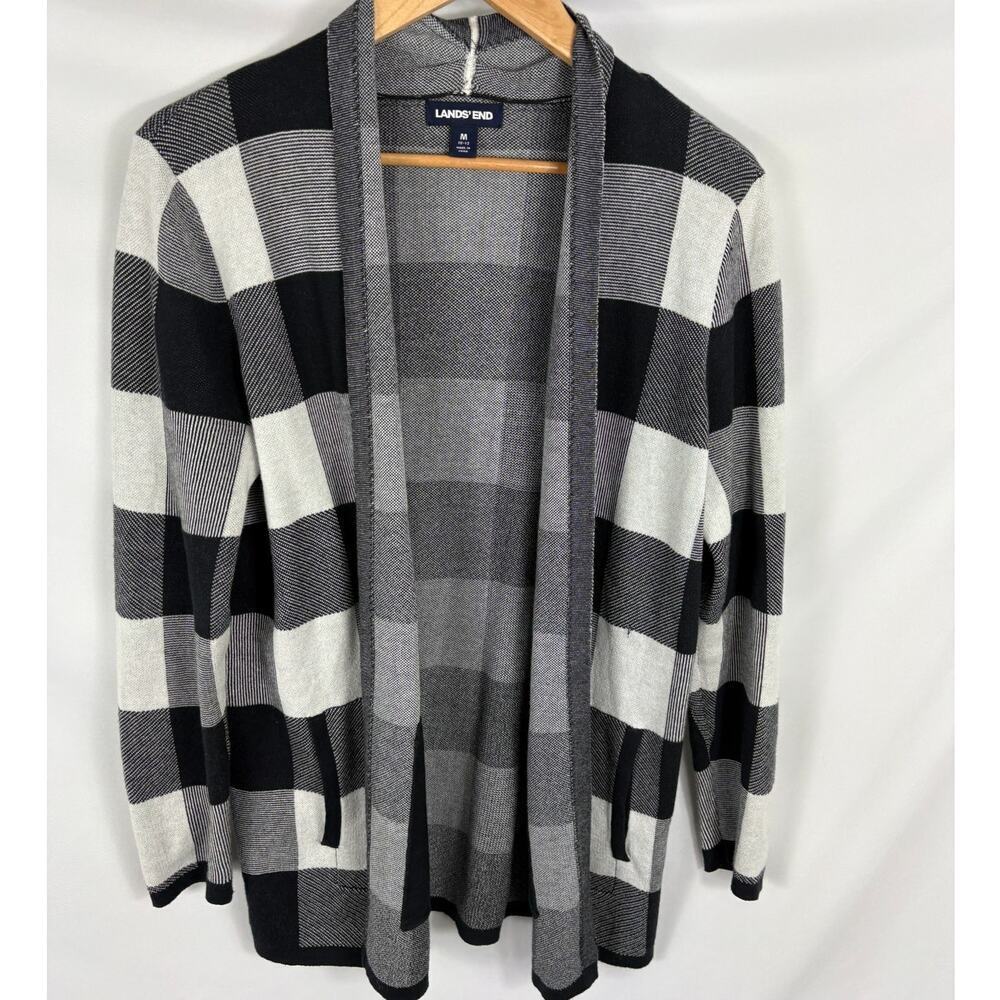 Lands End Black White Checkered Cardigan Sweater Size Medium